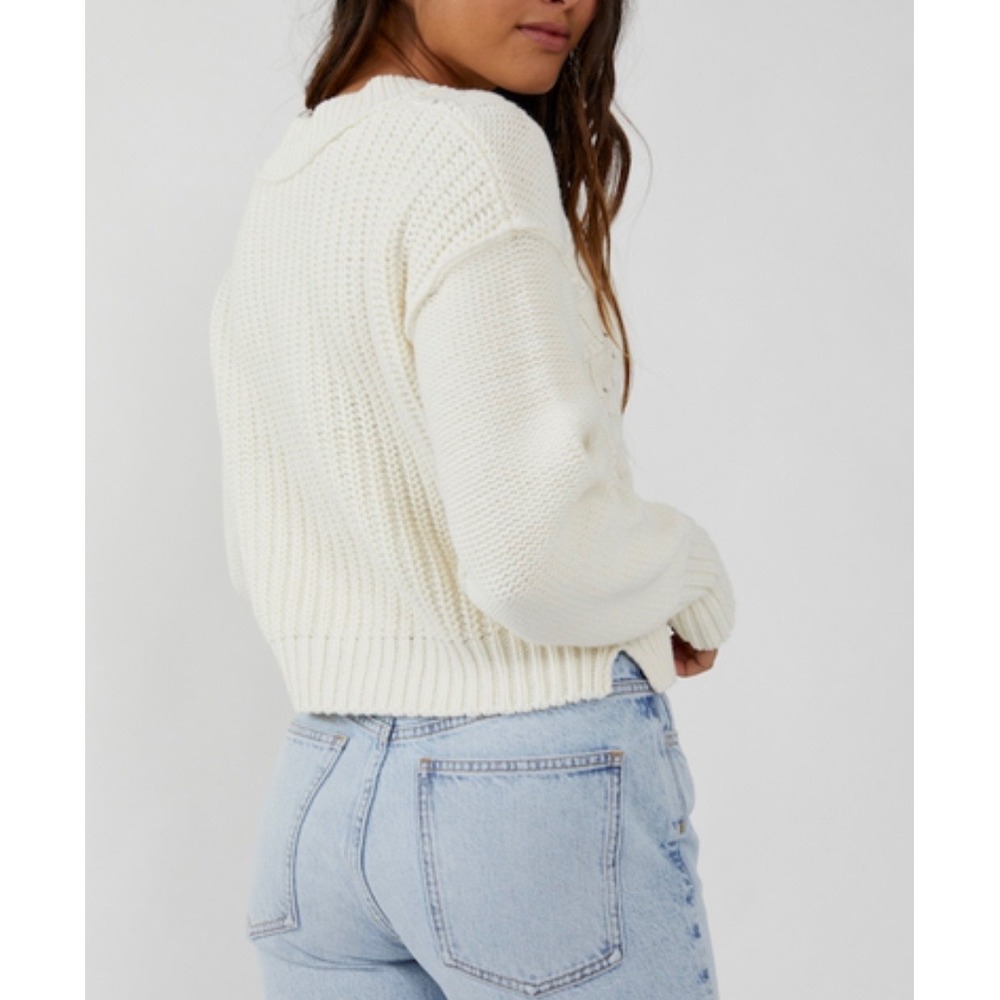 Free People Belle Song Size Small Pointelle Knit Sweater Cream Ivory Boho - Picture 3 of 10